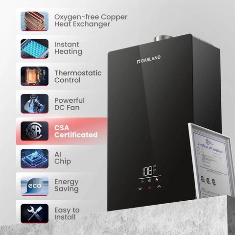 Natural Gas Tankless Water Heater Delivering Whole House Flow Up To 7.6 GPM At 199000 BTU with features shown on display.