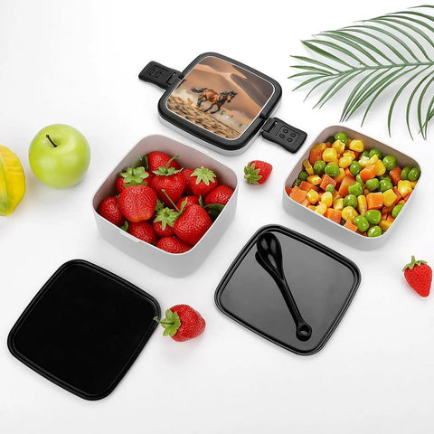 Two Tier Bento Box On The Go Meal Prep Container With Spoon Leakproof And Microwave Safe 1000 Ml Large Capacity open with food