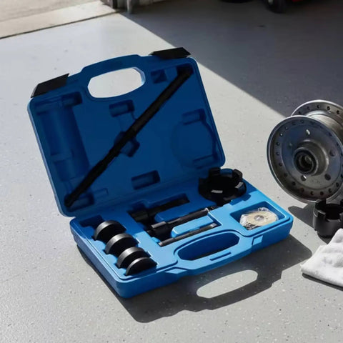 Badass Motorcycle Bearing Puller Tool Kit Extractor Installer Remover Set Hydraulic Hub Service Carbon Steel Build With Long Pull Rod And Adapters For All Riders Seeking High Performance Maintenance Solutions For Their Machines Right Now, blue case with pull rod and adapters