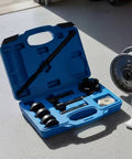 Beast Mode Heavy Duty Motorcycle Bearing Puller And Wheel Extractor Installer Tool Kit Built From Strong Carbon Steel With Threaded Pull Rod Adapters Washers Nuts Plus Sweet Carry Case For Your Shop Fixes And Bike Repairs Always, blue case open with hub tools