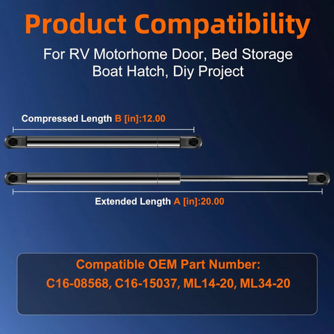 20 Inch Gas Strut Spring 20Lb 89N Replacement Lift Support for RV motorhome door diagram showing compressed and extended lengths.