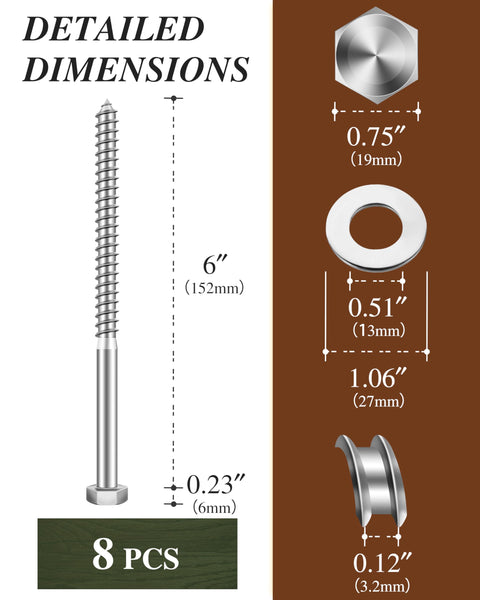 Heavy Duty Hex Head Lag Screws With Flat Washers For Wood Three Eighths Inch By Six Inches 304 Stainless Steel Eighteen Eight Lag Bolts