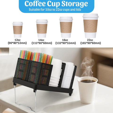 Six-Compartment Cup And Lid Holder For Countertop With Straw Holder Tough Plastic Coffee Cup Rack For 10-22oz Paper Cups