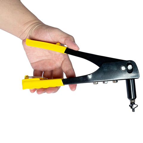 Hella Tough Kayak Rivet Gun Kit With 18 Pcs Waterproof Tri Grip Rivets And Extended Nose Manual Hand Tool for Marine Fixes, held in hand.
