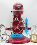 Red stand mixer with stainless steel flat beater and measurements shown for Stainless Steel Flat Beater Upgrade Paddle For 5 Qt And 6 Qt Bowl-Lift Stand Mixers Polished 18/8 Finish No Coating Dishwasher Safe Replacement For KN256CBT Fits Pro 5 Plus 550 Plus KV25 600 Series Pro 600 KP26