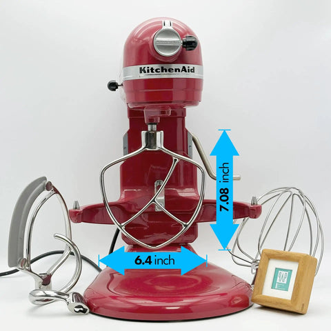 Red stand mixer with stainless steel flat beater and measurements shown for Stainless Steel Flat Beater Upgrade Paddle For 5 Qt And 6 Qt Bowl-Lift Stand Mixers Polished 18/8 Finish No Coating Dishwasher Safe Replacement For KN256CBT Fits Pro 5 Plus 550 Plus KV25 600 Series Pro 600 KP26