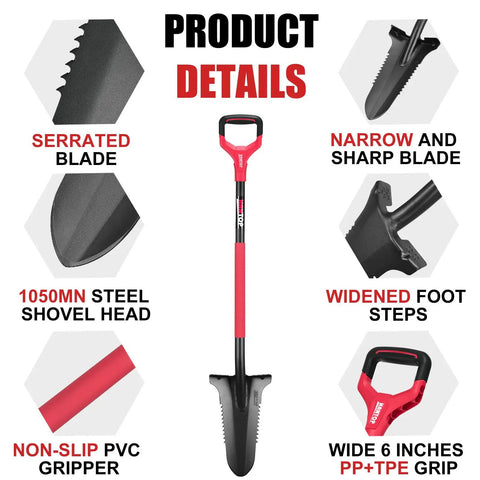 Drain Spade Garden Shovel With Root Saw And Ergonomic Oval Steel Handle For Digging Trenching And Cutting Roots 47.2 Inch