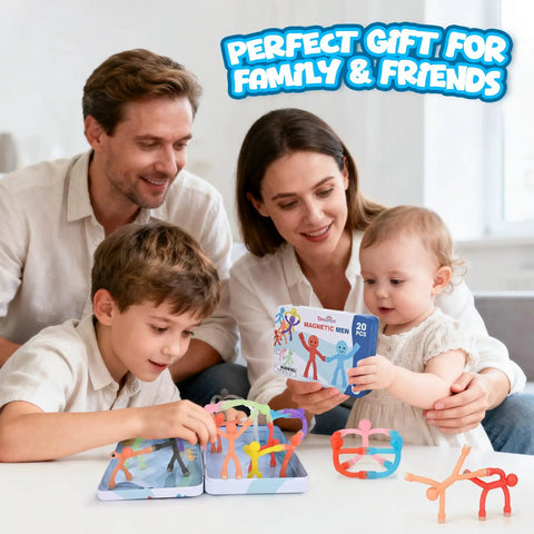 Family playing with Ultimate 20-Piece Magnetic Fidget Toys Set for Kids, silicone figures in a metal box, perfect for travel.