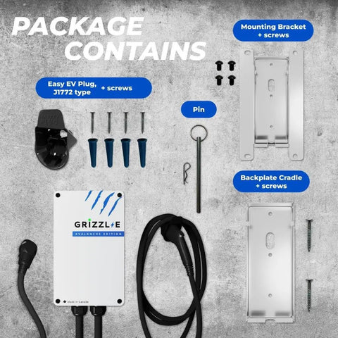 Package contents for Heavy Duty Level Two Electric Charger With Forty Amp Juice UL Certified, including plugs and mounting accessories.