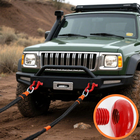 Heavy Duty Three Quarter Inch D Ring Shackles Three Pack For Tow Strap Winch And Vehicle Recovery With Red Powder Coat Built Tough For Real World Pulls Twenty Eight And A Half Ton Break Strength 57000 Lbs 9500 Lbs Working Load Limit Industrial Grade attached to vehicle bumper in off-road setting