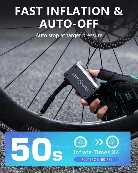Mini Bike Pump With Gauge And Auto Shut Off For Road And Mountain Bikes On The Go, Rechargeable Portable Air Pump, Presta And Schrader Compatible, 120 PSI, Fast Inflation In 50 Seconds, Waterproof Carry Bag Included