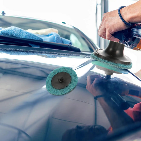 35 Piece Sanding Disc Polishing Kit With Handle Aluminum Oxide Abrasive Wheels and Pro Grade High Hardness Resin Backing for Rust Busting shown polishing a car surface.