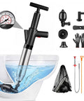 Heavy Duty Air Drain Blaster With Real Time Barometer And Storage Bag, High Pressure Toilet Plunger in toilet with attachments.