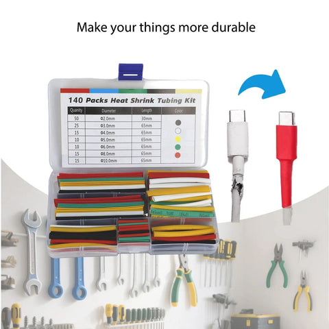 140 Pcs Heat Shrink Tubing Assortment Kit with various sizes displayed in an open case for quick repairs