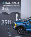 Portable EV Charger With SAE J1772 Connector, 25-Foot Cable, 9.6kW Output on blue vehicle at charging station outdoors
