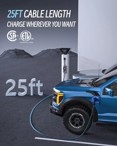 Portable EV Charger With SAE J1772 Connector, 25-Foot Cable, 9.6kW Output on blue vehicle at charging station outdoors