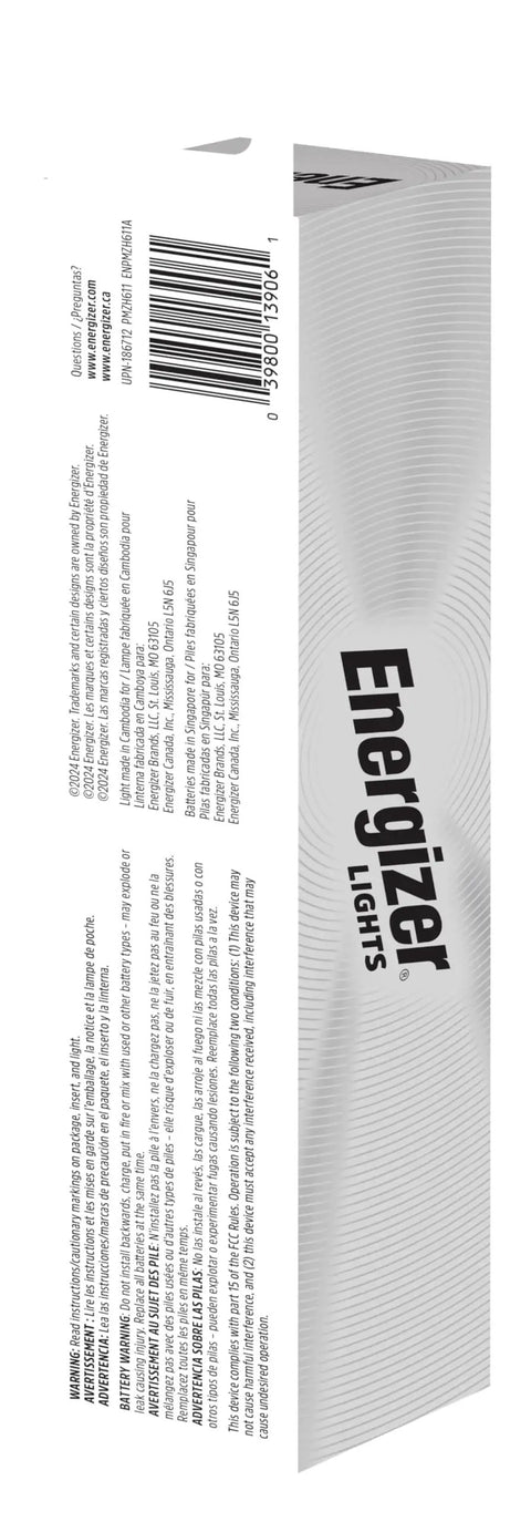 Box packaging of Energizer Lights flashlight, side view, displaying product information and barcode.
