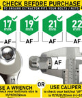 Wrench and caliper measuring nuts illustration for 5 Piece Lug Nut Removal Tool Set For Damaged Nuts And Bolts In 17mm 19mm 21mm 22mm Sizes.