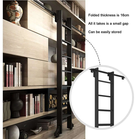 Black Rolling Sliding Ladder Hardware Kit With Full Track System displayed in modern library setting with folded thickness note.