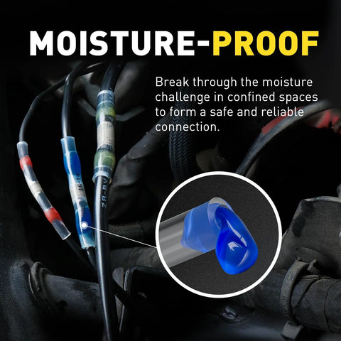 Close-up of blue heat-shrink solder-seal butt connectors on automotive wiring.