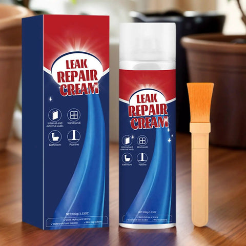 Leak repair cream with brush for sealing leaks on cement surfaces and pipes, shown with box packaging on a wooden table.
