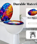 Round Colorful Stained Glass Effect Abstract Leaf Radiant Toilet Seat on a white toilet with stainless steel hinge and bumpers.