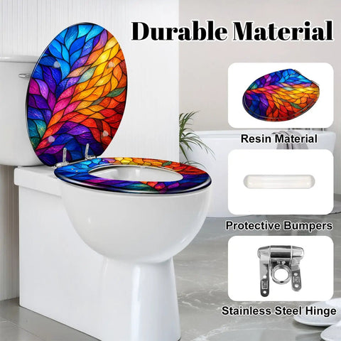 Round Colorful Stained Glass Effect Abstract Leaf Radiant Toilet Seat on a white toilet with stainless steel hinge and bumpers.