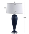 Navy Ribbed Glass Table Lamp With Crystal Base For Living Room And Bedroom, Contemporary Bedside Light With White Faux Silk Shade, LED Bulb Included, UL Listed, ETL Safe, Modern Decor, 32.5 inches tall