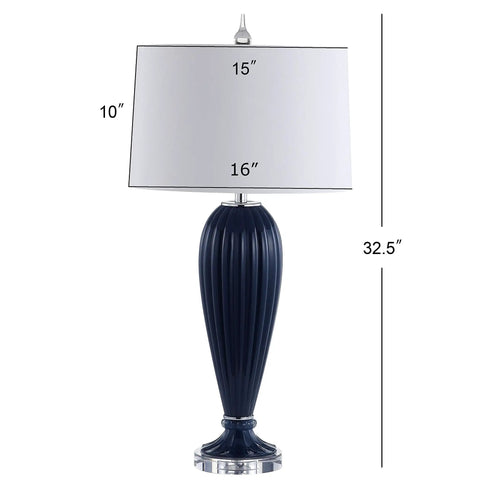 Navy Ribbed Glass Table Lamp With Crystal Base For Living Room And Bedroom, Contemporary Bedside Light With White Faux Silk Shade, LED Bulb Included, UL Listed, ETL Safe, Modern Decor, 32.5 inches tall