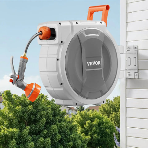 Retractable Garden Hose Reel Wall Mount 100 Ft Hose with 5/8 Inch Diameter, Heavy Duty System, mounted on wall