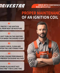 Man in orange overalls providing maintenance tips for ignition coils, promoting DRIVESTAR brand for UF270 Ignition Coil Pack Set Of 8 Drop In Replacement For Jeep Grand Cherokee Commander Liberty 1999 2003 2005 2006, Dodge Ram 1500 Dakota Durango 2002 2007, Mitsubishi Raider 4.7L V8 3.7L V6.