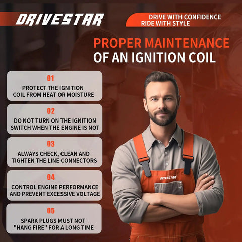 Man in orange overalls providing maintenance tips for ignition coils, promoting DRIVESTAR brand for UF270 Ignition Coil Pack Set Of 8 Drop In Replacement For Jeep Grand Cherokee Commander Liberty 1999 2003 2005 2006, Dodge Ram 1500 Dakota Durango 2002 2007, Mitsubishi Raider 4.7L V8 3.7L V6.