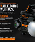 48V all-electric portable air compressor detail view showing brushless motor and cordless power, features Go-To Portable Air Compressor 2 Gallon 135 PSI Battery Powered Ultra Quiet 60dB And Lightweight, Perfect For Air Tools, Tire Inflation, And Construction Jobs, Brushless Motor Maintenance Free Pump With Quarter Inch Quick Connect
