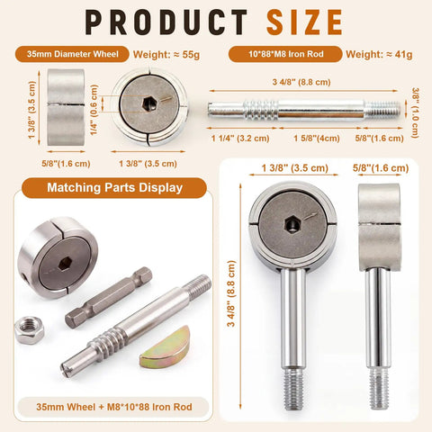 8 Piece Countertop Connector Bolts Kit With Hex Wrench For Fast, Easy Countertop Installations And DIY Friendly Furniture Assembly Includes All Necessary Fasteners, Spare Parts, And Tools For Quick Repairs And Projects. 35mm wheel and M8 iron rod size chart