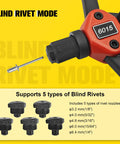 Dual Function Rivet Nut Gun And Blind Rivet Tool Kit in Blind Rivet Mode with 5 nozzles shown against a yellow background