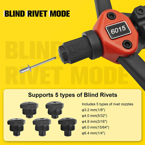 Dual Function Rivet Nut Gun And Blind Rivet Tool Kit in Blind Rivet Mode with 5 nozzles shown against a yellow background