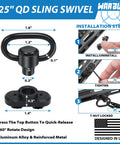 Installation guide and features for the 1.25" QD sling swivel part of the Two Point Rifle Sling With Quick Detach Swivels And HK Hook Soft Shoulder Pad Tactical Gun Sling For Rifle Shotgun And Crossbow Perfect For Hunting Outdoor Sports Grab And Go Hands Free Carry system.