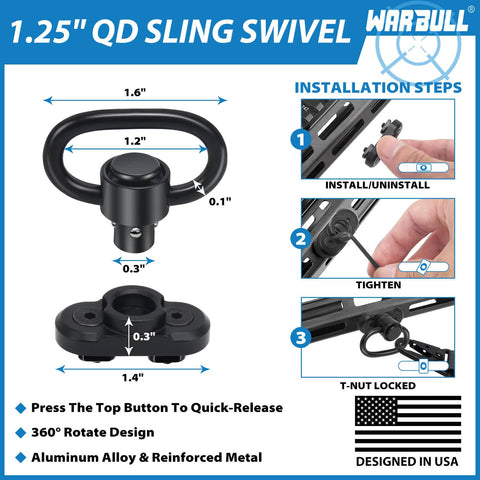 Installation guide and features for the 1.25" QD sling swivel part of the Two Point Rifle Sling With Quick Detach Swivels And HK Hook Soft Shoulder Pad Tactical Gun Sling For Rifle Shotgun And Crossbow Perfect For Hunting Outdoor Sports Grab And Go Hands Free Carry system.