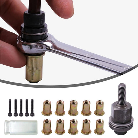 Rivet Nut Tool Handheld Kit For Metal Rivets Alloy Nut Setter with components, wrench, and nut heads, ideal for repairs