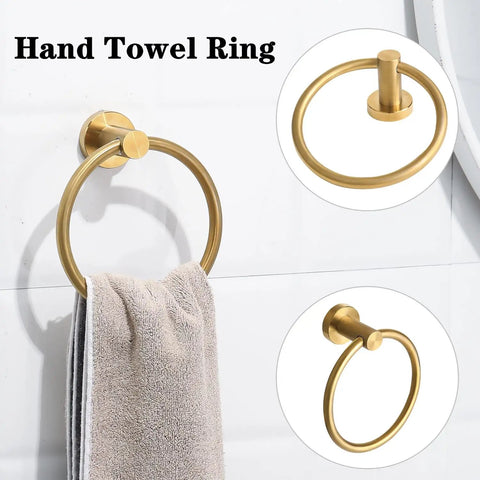 Brushed Gold Stainless Steel Bathroom Hardware Set With Hand Towel Ring on wall, circular design, rust resistant
