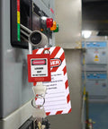 Pro Grade Lockout Tagout Kit For Industrial Electrical Safety With 42 Piece Set Including 3 Safety Padlocks installed on circuit panel