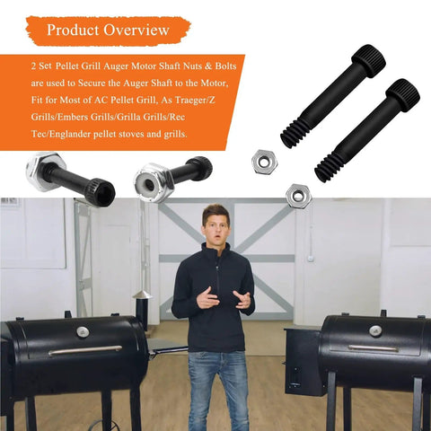 Two Pack Replacement Auger Motor Shaft Nut And Bolt Kit 74072 For Traeger Pit Boss Z Grills displayed with pellet grills
