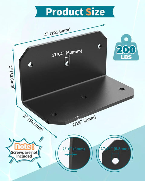 Built To Last Heavy Duty 4 Inch L Bracket Corner Brace 90 Degree Angle Iron Supports in black powder coat, size dimensions shown