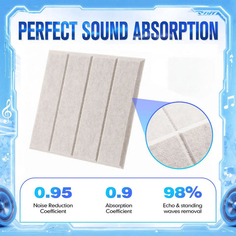 White Slatted Acoustic Foam Panels 24 Pack 12x12x0.4 Inch High Density Polyester Fiber product showcasing sound absorption stats.