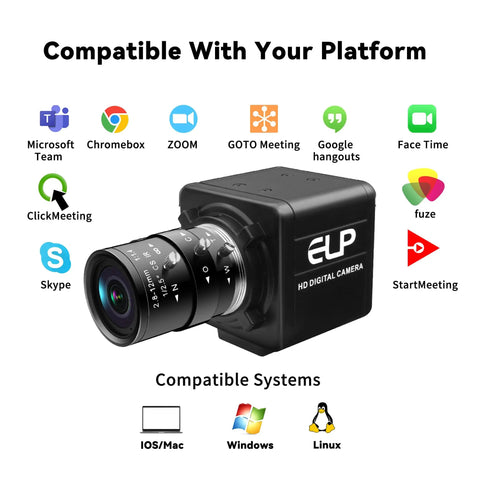 USB Global Shutter Camera Featuring 800P Monochrome Sensor, Ridiculously Smooth 120 To 640 Fps Ultra Slow Motion Video with lens, showing compatible platforms.