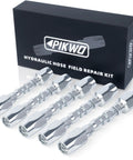 5-piece PIKWO chrome hydraulic hose field repair kit with fittings for 1/4, 3/8, 1/2 in hoses; front view with box
