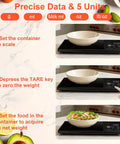 Kitchen Food Scale With Nutritional Calculator And Calorie Fat Carbs Protein Tracker showing tare and weight measurement