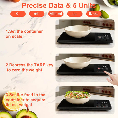Kitchen Food Scale With Nutritional Calculator And Calorie Fat Carbs Protein Tracker showing tare and weight measurement