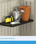 Vertical Shed Shelf Kit For Outdoor Storage, Space Saving Organizer With 30 Pound Capacity, Black Finish, installed in shed