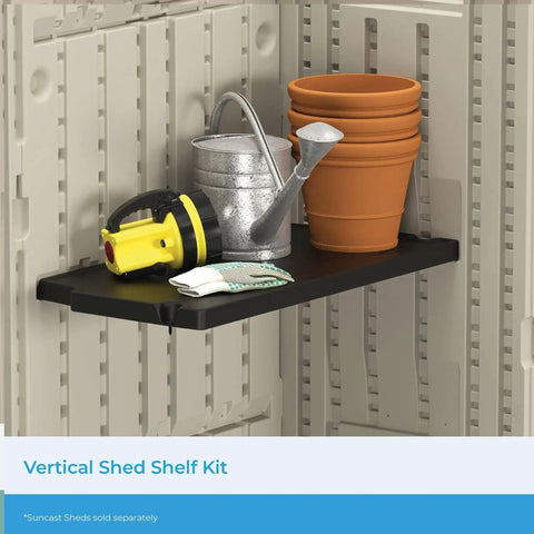 Vertical Shed Shelf Kit For Outdoor Storage, Space Saving Organizer With 30 Pound Capacity, Black Finish, installed in shed